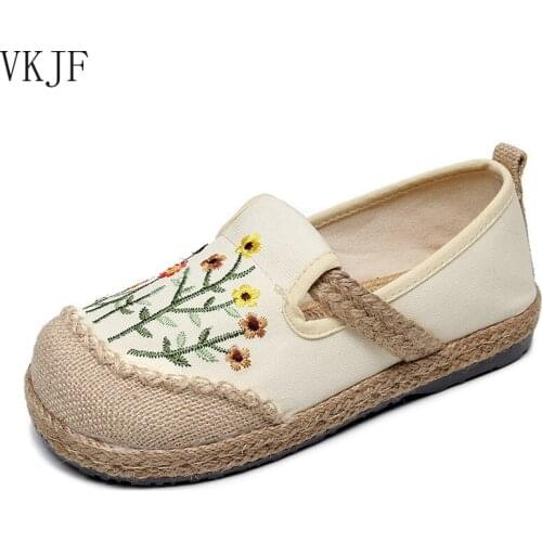 Embroidered Womens Casual Loafers 2021 Spring Autumn Slip On Canvas Shoes Female Breathable Handmade Flat Shoes Flax