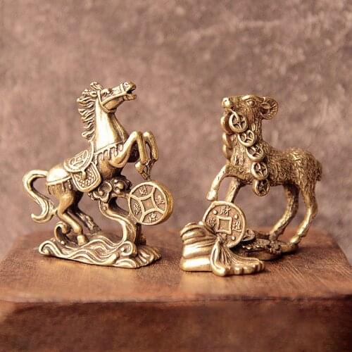 Solid Brass Lucky Coins Horse Goat Small Statue Tea Pets Table Ornaments Vintage Copper Chinese Zodiac Animal Feng Shui Decors