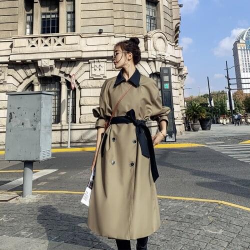 Womens Long Windbreaker Spring Autumn 2021 New Korean Loose Stitching Double Breasted E High-quality Lining Fashion Jacket TY8