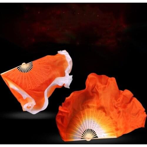 Women Real Silk 1 Pair White Orange Belly Dancing Silk Bamboo Veils Dance Sequin Short Fan Veil Gradient Color 16"-34"