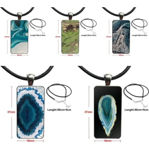 Aqua Turquoise Agate Print For Women Kids Gift Design Fashion Vintage Glass Women Rectangle Necklace Pendants