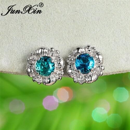 Vintage Mystic Crystal Flower Earrings Silver Color Rainbow Fire Zircon Stone Round Wedding Stud Earrings For Women Jewelry