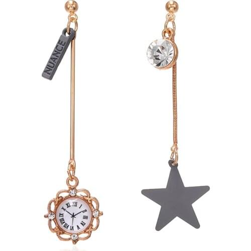 Fashion New Girl Heart Ins Long Pentagram Star Alarm Clock Earrings Tassel Asymmetric Ear Jewelry Girlfriend Gift