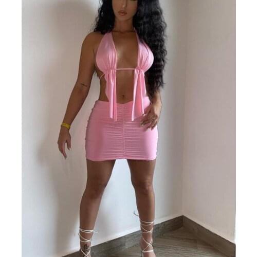 Two-Piece Womens Suit with Sexy Beach Lace Halterneck Top Pleated Mini Skirt Skinny Slim Vacation Travel