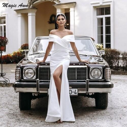 Magic Awn Simple Mermaid Wedding Dresses Bohemian Off The Shoulder Satin Side Split White Mariage Gowns For Women Beach Robes