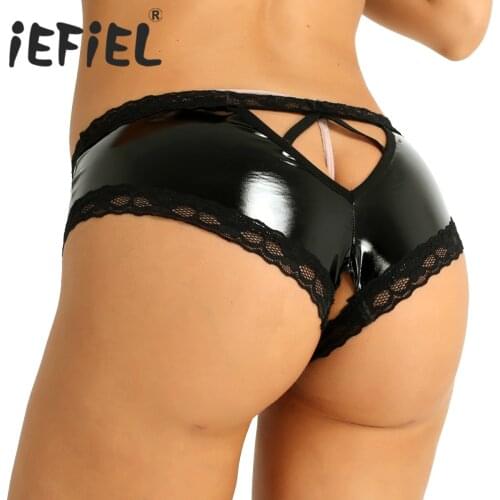 Fashion Women Triangle Panties Lingerie Sexy Patent Leather Lace Lingerie Hole Briefs Ladies Underwear Nightwear Underpants