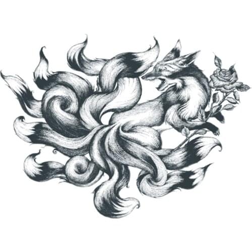 230MM×170MM Nine Tail Fox Rose Big Picture Dark Black Tattoo Sticker Waterproof Girl Flower Arm Clavicle Sexy