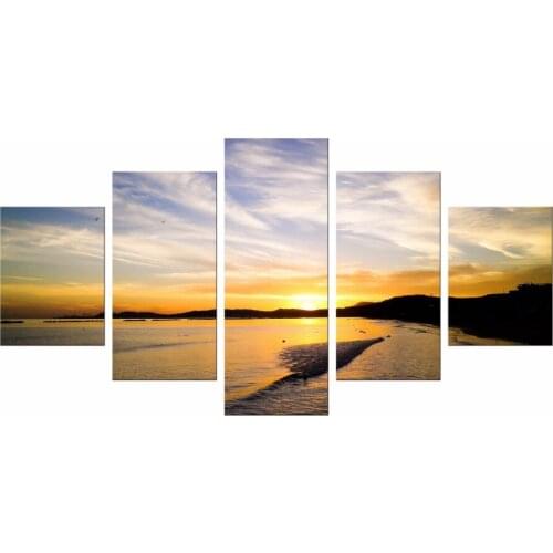 5 Pieces Free Shipping Wall Art Pictures For Living Room Canvas Art Sunset Beach Sand Coast Landscape Painting Home Decor Framed