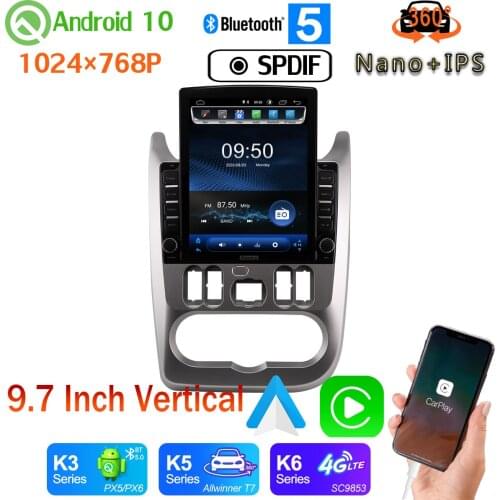9.7" Vertical Style Car Media GPS Android 10 360 Camera Radio For Renault Logan 1 Sandero Lada largus Dacia 2010-2015 PX6 4+64G