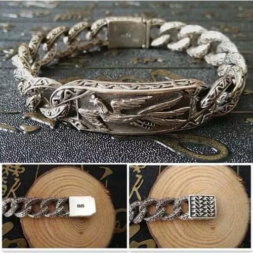 925 Sterling Silver color Mens Phoenix Bracelet Thai Silver color Vintage Punk Tide Dragon Bracelet Fashion Pattern Whip Chain