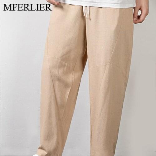 Autumn Summer pants men 8XL Waist 140cm 5XL 6XL 7XL Cotton linen Plus size trousers men