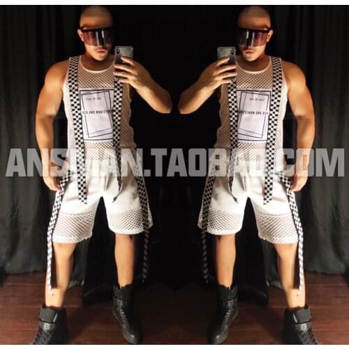 Nightclub bar gogo male singer performance ds tide brand hip-hop hollow cloth sticker vest party costume suit