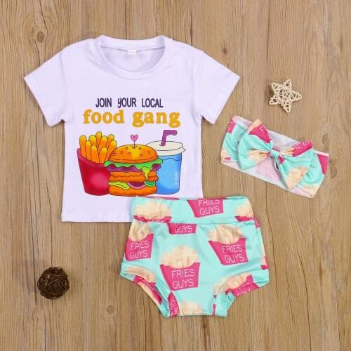 0-24M Newborn Baby Girl Boy Clothes Hamburger Print Short Sleeve T-shirt Top+Potato Chips Shorts+Headband Cute Summer 3pcs