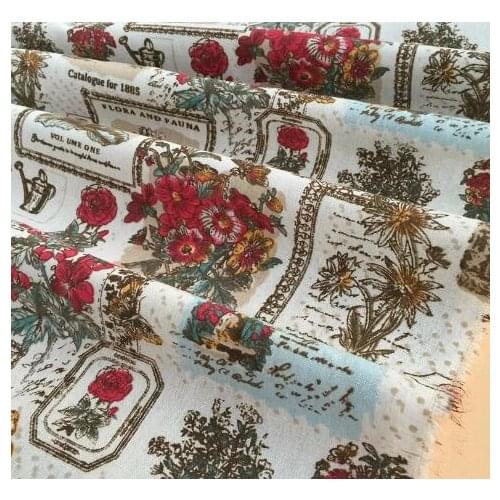 96x145cm Vintage Brand 1Meter Red Rose Flower Stamp Printed Cotton Linen Fabric For DIY Sewing Home Decoration