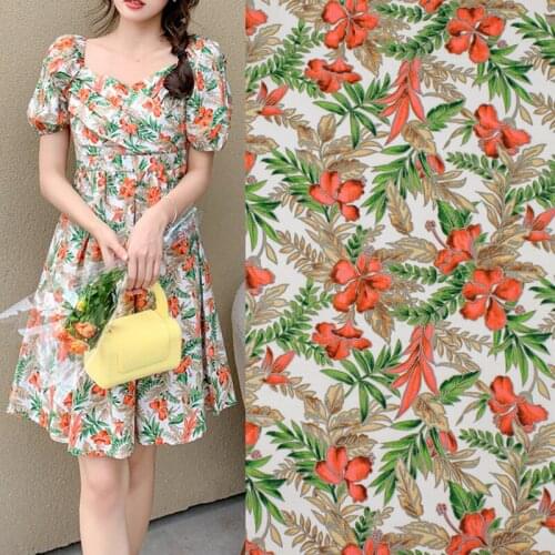 Red Flowers Green Leaf Cotton Fabric For Dress Tissus Coton Imprimé Telas Algodon Estampadas Sewing Ткань Для Шитья Vestidos Diy