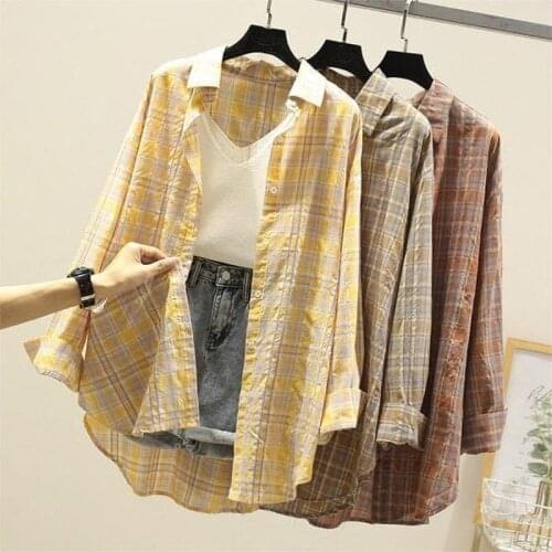 Cotton 95% Plaid Women Shirts Summer Vintage 2021 Turn-Down Collar Loose Casual All Match Female Outwear Tops