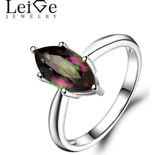 Leige Jewelry Solitaire Ring Mystic Topaz Promise Rings 925 Silver Marquise Cut Rainbow Gemstone November Birthstone Ring