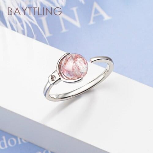 BAYTTLING 925 Sterling Silver Rotatable Round Strawberry Crystal Open Ring For Woman Fashion Wedding Jewelry Couple Ring Gift