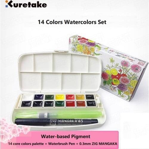 Kuretake 14 colors Watercolors set solid Water-based Pigment made in Japan
