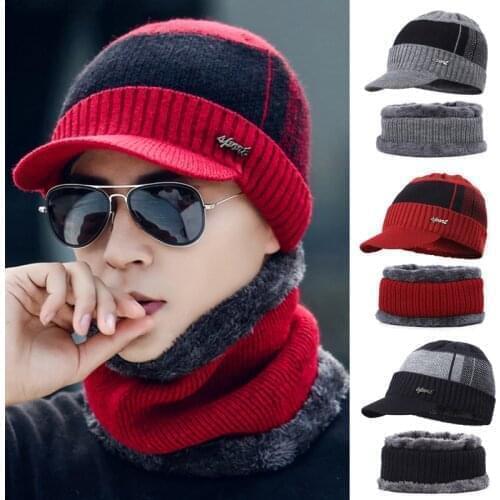 New Fashion Men Warm Winter Hat Scarf Soft Knitted Hat Scarf Set Beanie Hat For Men Outdoor Wool Warm Scarf Cap Set Knitted Cap