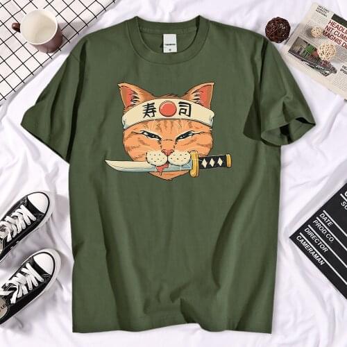 Catana Knight Sushi Cat Printing Mens T-Shirt Style Casual T Shirts Fashion Oversize Tshirts Simplicity Crewneck Men Tee Shirt
