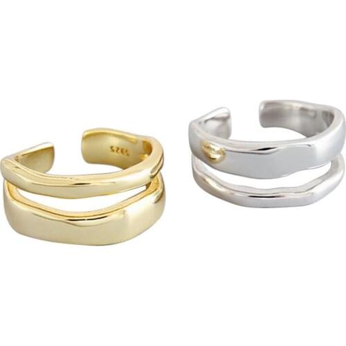 New Fresh Simple Irregular Double-layer Smooth Wave 925 Sterling Silver Jewelry Personality Geometric Opening Rings