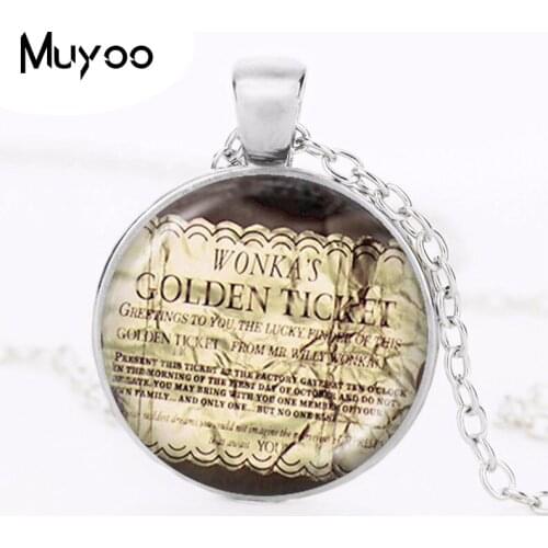Willy Wonka Ticket and the Chocolate Factory movie pendant Golden Ticket necklace movie jewelry glass picture choker necklss HZ1