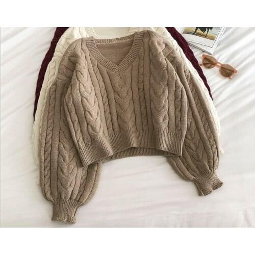 Qosmon Retro twist sweater womens autumn winter new V-neck slim short loose long sleeve