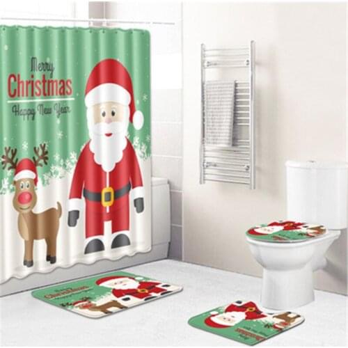 Christmas Decorations for home Shower Curtain Carpet Combination Bathroom Set Santa Snowman Elk Balloon Print Pattern New Year