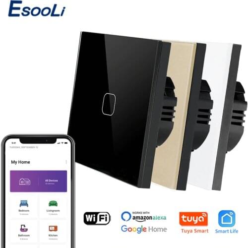 EsooLi Tuya Smart Life Glass Panel EU/UK Standard Touch Switch Zero/Single Fire Line Voice Control Light Wireless Wall Switch