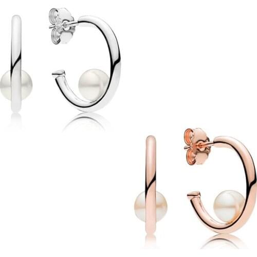 2 Colors White Pearl Hoop Earrings for Women Circle Shape Silver & Rose Golden Earrings Fashion Sterling Silver 925 Jewelry Girl