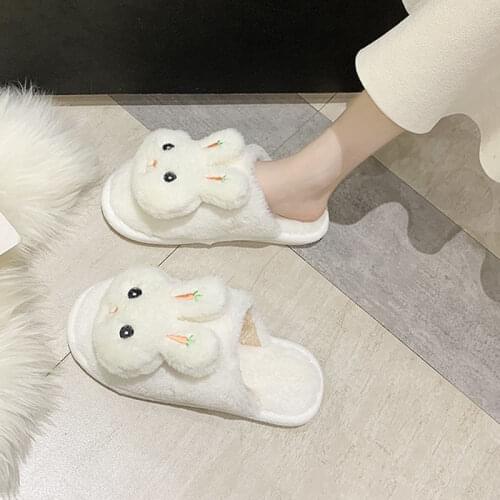 Cute Cotton Slippers Winter Warm Home Women Rabbit Elephant Plush Floor Slides House Flat Bedroom Non-slip Soft Furry Slippers