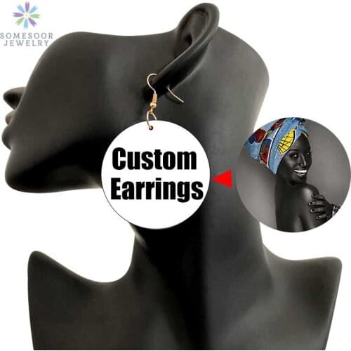 SOMESOOR 6cm Round Personalized Afro Wood Drop Earrings Blacks Art Photos Custom Printed African Loops Jewelry For Women Gifts