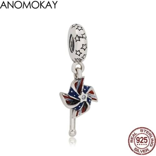 Anomokay Vintage American Windmill Silver Pendant Charm fit Bracelet & Bangle Real Sterling 925 Silver Little Star Beads
