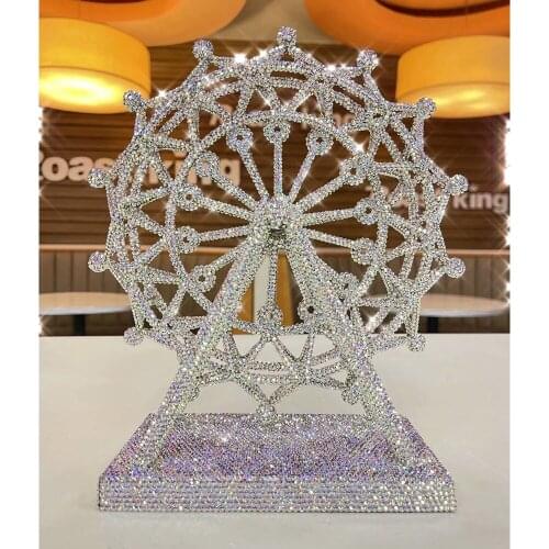 All Rhinestones Ferris Wheel Rotatable Metal Retro Feng Shui Crystal Desk Decoration Sparkling Home Accessories Bling Gifts