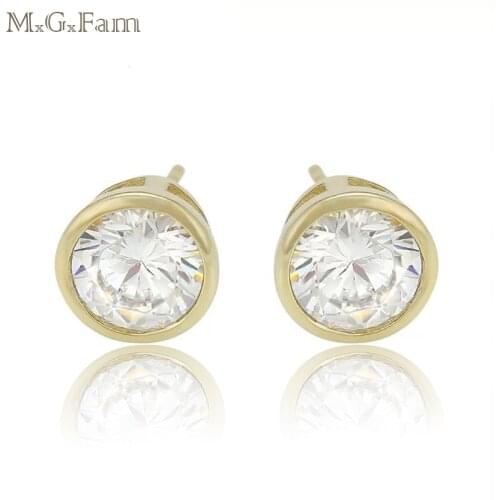 MGFam Stud Earrings For Women Single Round AAA+ Cubic zirconia 14 k Light Gold Color Made by Environmentail Copper