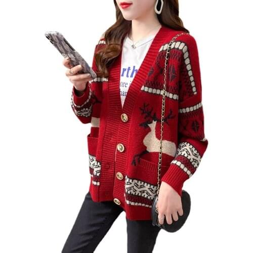 2021 New Autumn Knitted Oversize Deer Print Christmas Cardigan Retro National Loose Korean Fashion Sweater Coat For Women Top