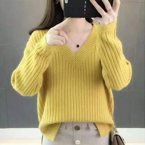 Autumn Spring Long Basic Sweaters for Women Fad Knitted Oversized Solid Jumpers Female Deep V Neck Long Sleeve Casual Pullovers