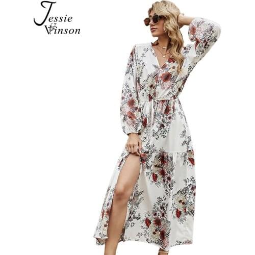 Jessie Vinson Floral Print Drawstring Boho Long Dress Women Long Sleeve V-neck Sexy Bohemian Beach Dresses Spring Holiday 2021