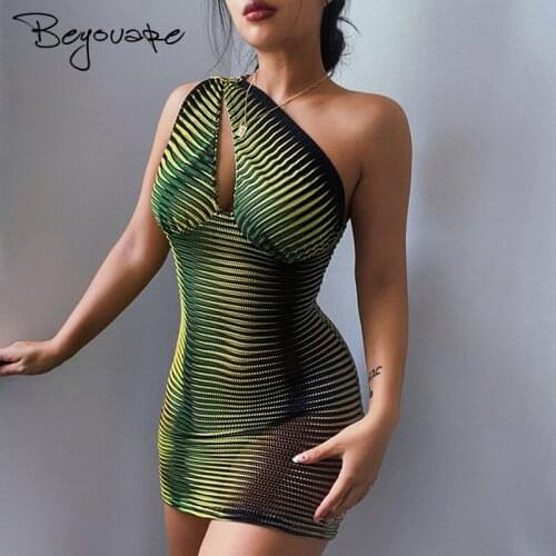 Beyouare Sexy Hollow Out Folds Women Dress One-Shoulder Sleeveless Slim Bodycon Mini Dresses 2021Summer Green Print Fashion Lady
