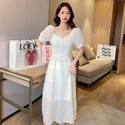 Women Fashion Dress Summer New French Retro Sweet Square Neck Puff Short Sleeves Pearl Decoration Midi Long Dress Solid Color