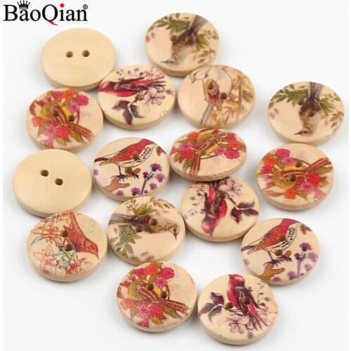 50Pcs 20mm Retro Bird Pattern Wood Button 2Hole Round Wooden Buttons For Crafts Scrapbook Clothing Decoration Sewing Accessory