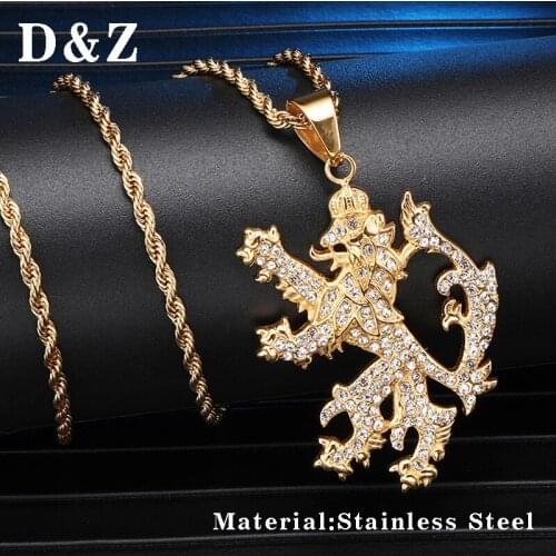 D&Z Iced Out Bling Rhinestone Lion Necklaces Pendants Gold Color Stainless Steel Animal Necklace Men Accessories