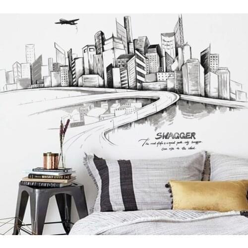 City Wall Stickers Black and White Abstract Wall Art Teen Bedroom Living Room Decoration Aesthetic Home Office Decor Wallpaper