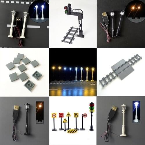 City street light LED lamps car crossing signal light DIY Creative building block Accessories City train traffic light For Kids
