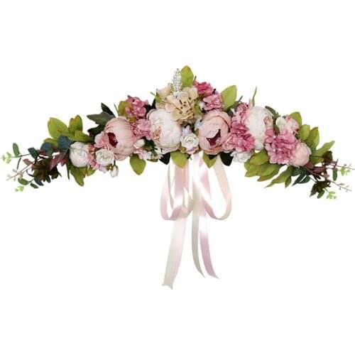 Artificial Peony Flower Swag,with Satin Ribbon Wreath for Front Door Arch Wedding Party Mirror Tabletop Chair Home Decor