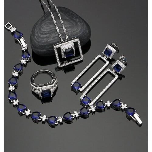 925 Silver Jewelry Sets Square Blue Cubic Zirconia White Crystal For Women Wedding Earrings/Rings/Bracelet/Pendant/Necklace Set