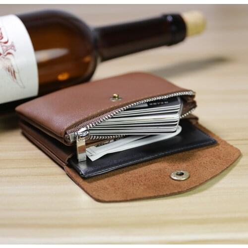 Vegetable tanned leather handmade cowhide mini coin purse mens and womens leather retro coin bag card bag zipper small wallet