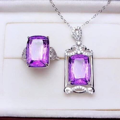 Engagement Best Gift Amethyst jewelry set Natural Real Amethyst 925 sterling silver 1pc pendant,1pc ring