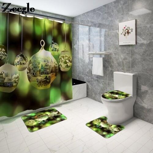 Christmas Style Home Decor Bath Mat and Waterproof Shower Curtain Set Bathroom Mat Set Anti-slip Floor Carpet